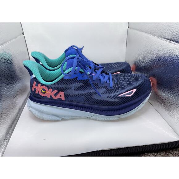 Hokas Shoes - Hoka One One Clifton 9 Size 7.5 Blue Evening Sky Coral Running Athletic Shoes